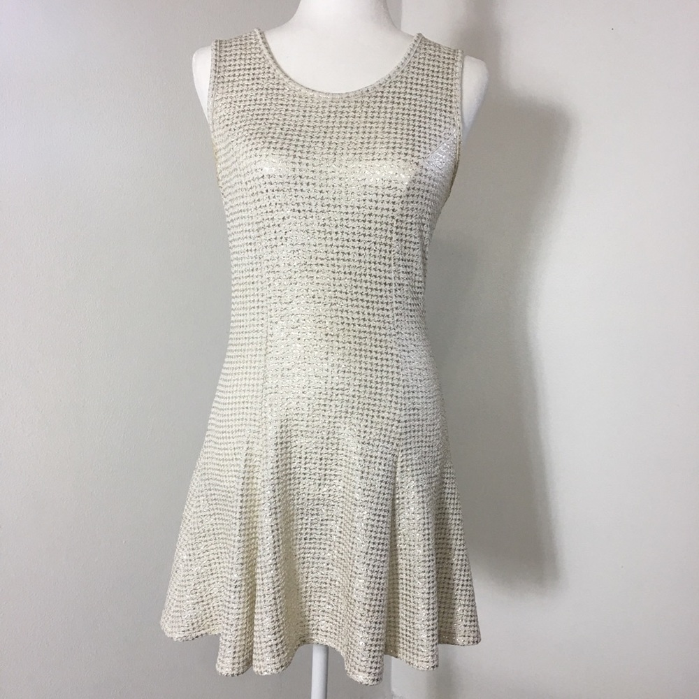 Metallic gold and white fit and flare dress